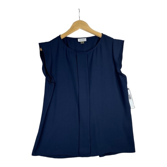 Tahari Sleeveless Blouse Top Flutter Sleeve Navy Blue Front Pleat‎ Large NWT - Picture 1 of 6